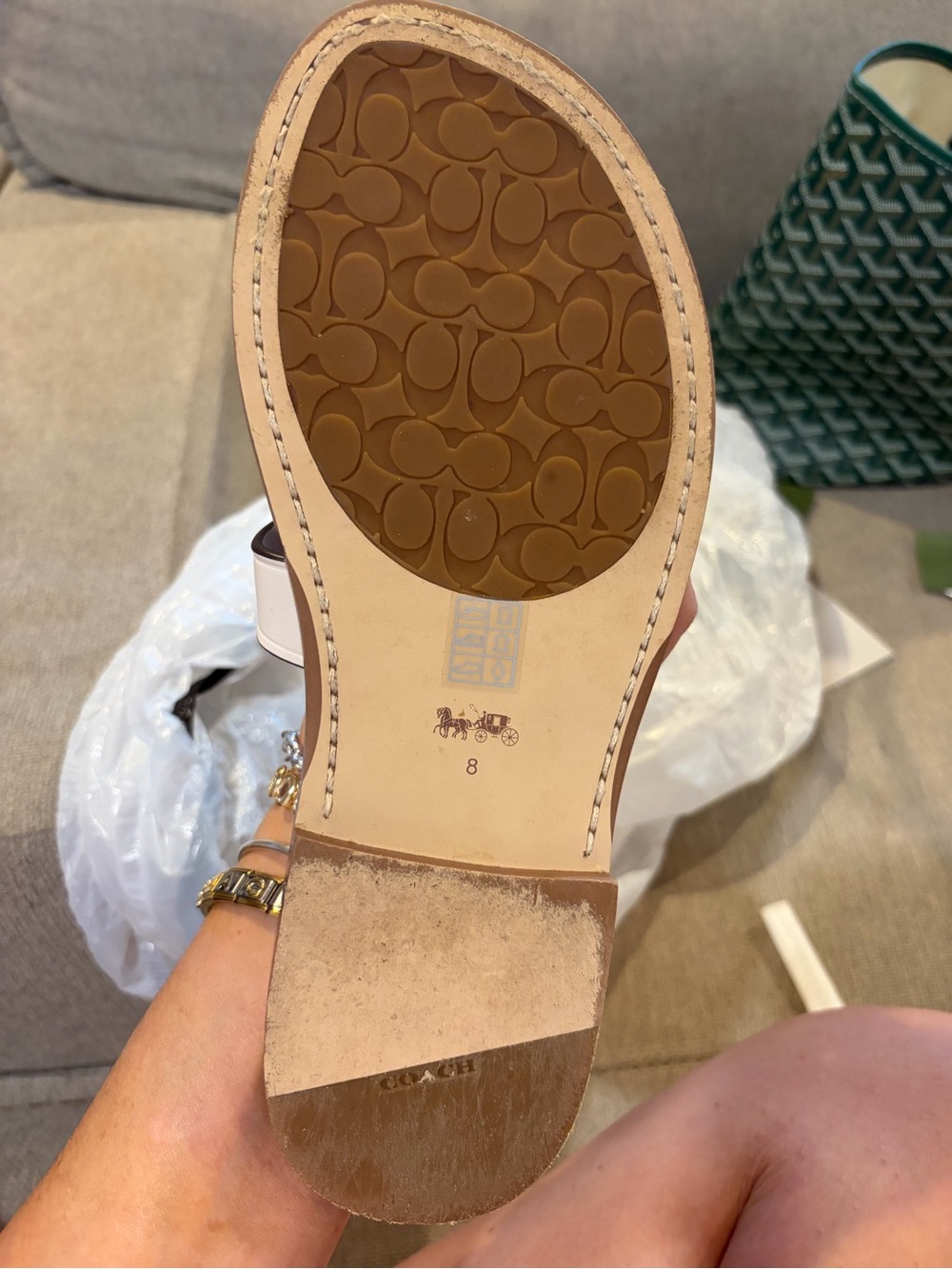 Coach White Leather Knot Slide Sandals with Brown Footbed - Picture 3 of 3